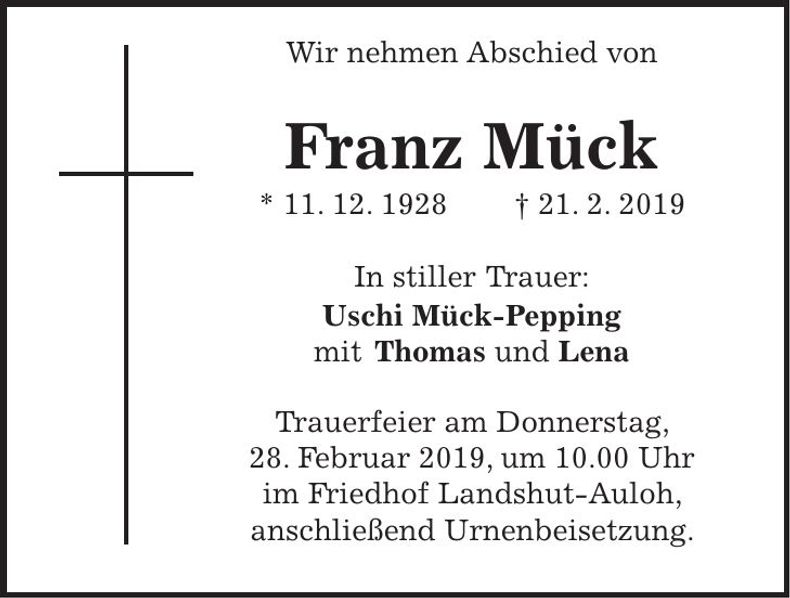 Traueranzeige Franz Mück
