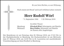 Traueranzeige Rudolf Wörl