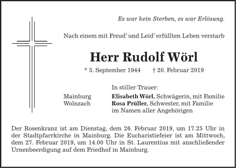 Traueranzeige Rudolf Wörl