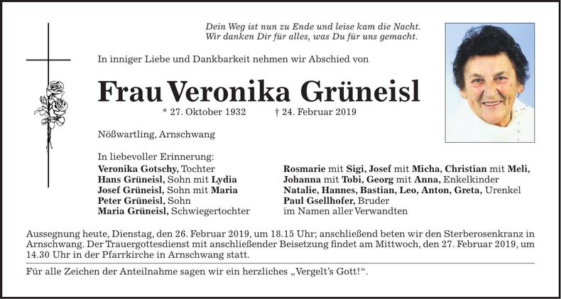 Traueranzeige Veronika Grüneisl
