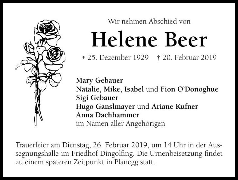 Traueranzeige Helene Beer