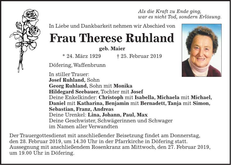 Traueranzeige Therese Ruhland