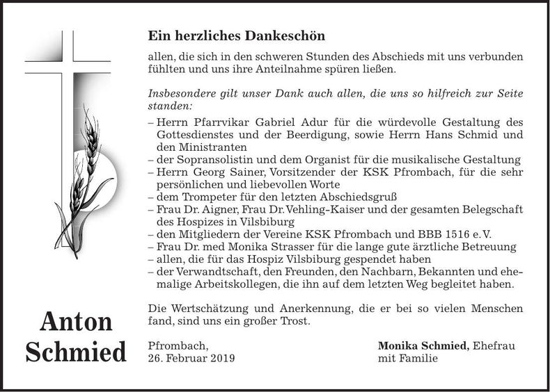 Traueranzeige Anton Schmied