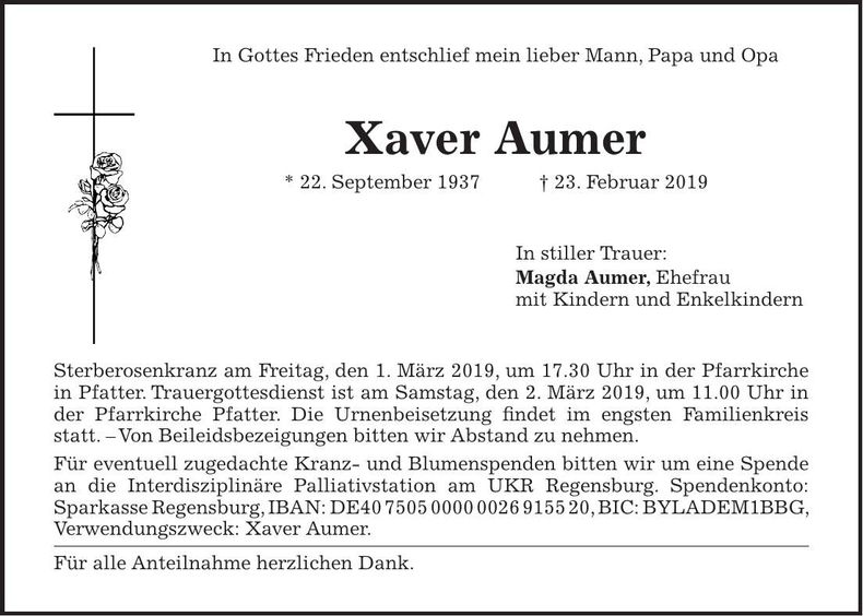 Traueranzeige Xaver Aumer