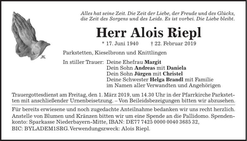 Traueranzeige Alois Riepl