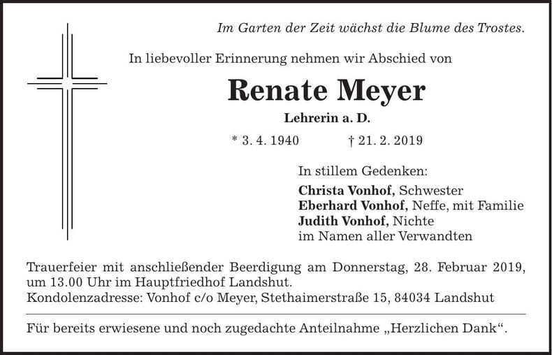 Traueranzeige Renate Meyer