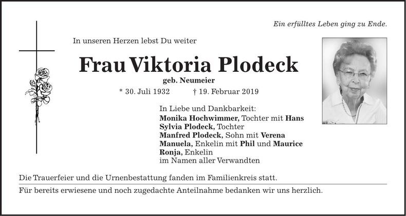 Traueranzeige Viktoria Plodeck
