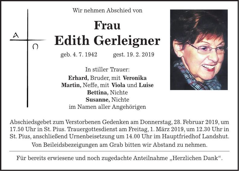 Traueranzeige Edith Gerleigner