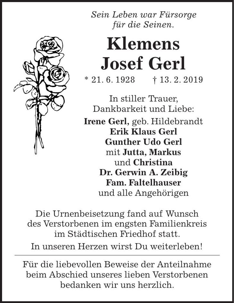 Traueranzeige Klemens Josef Gerl