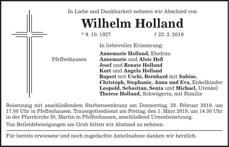 Traueranzeige Wilhelm Holland