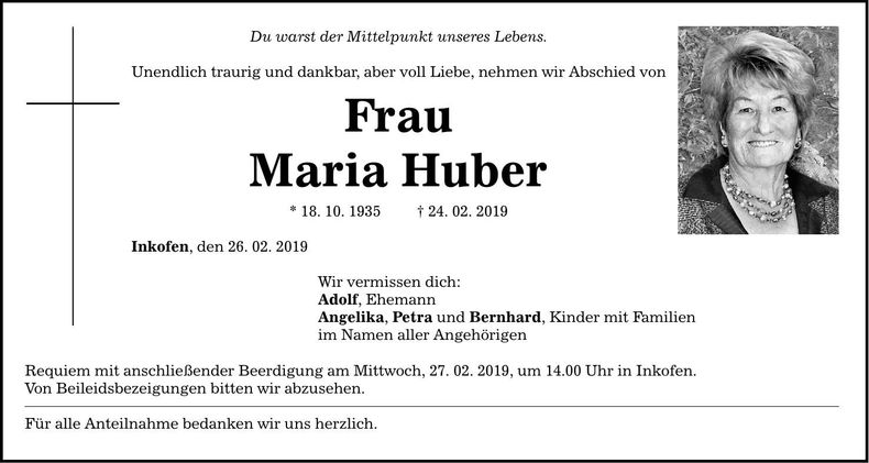 Traueranzeige Maria Huber