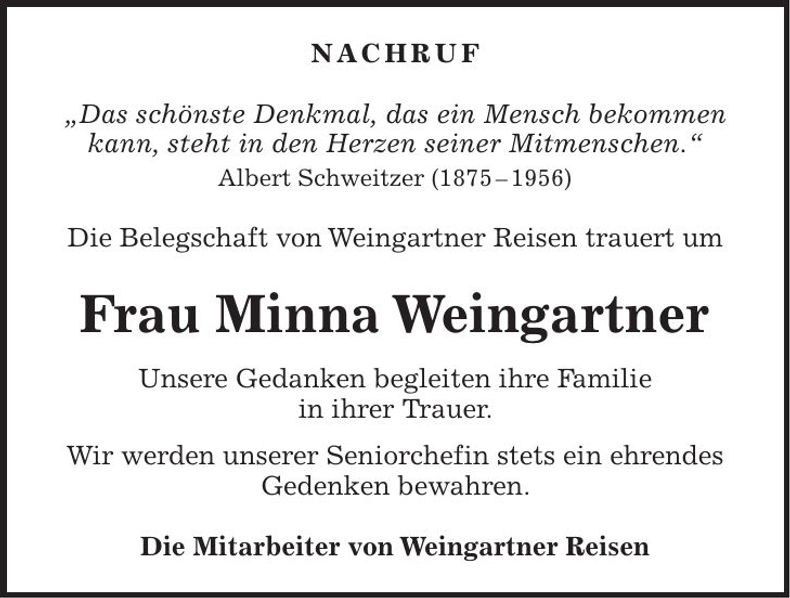 Traueranzeige Minna Weingartner
