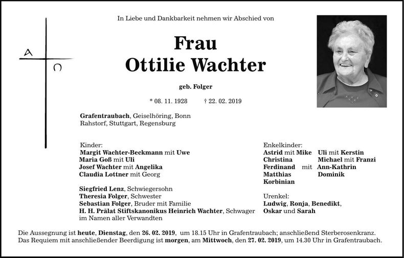 Traueranzeige Ottilie Wachter
