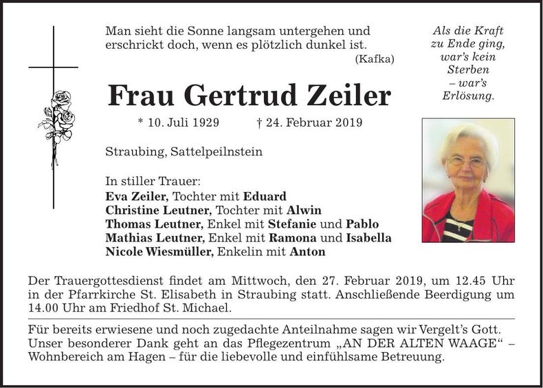 Traueranzeige Gertraud Zeiler