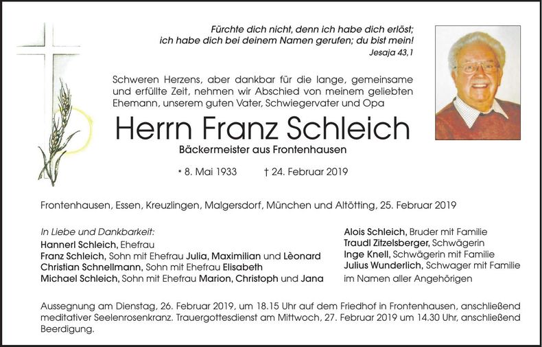 Traueranzeige Franz Schleich