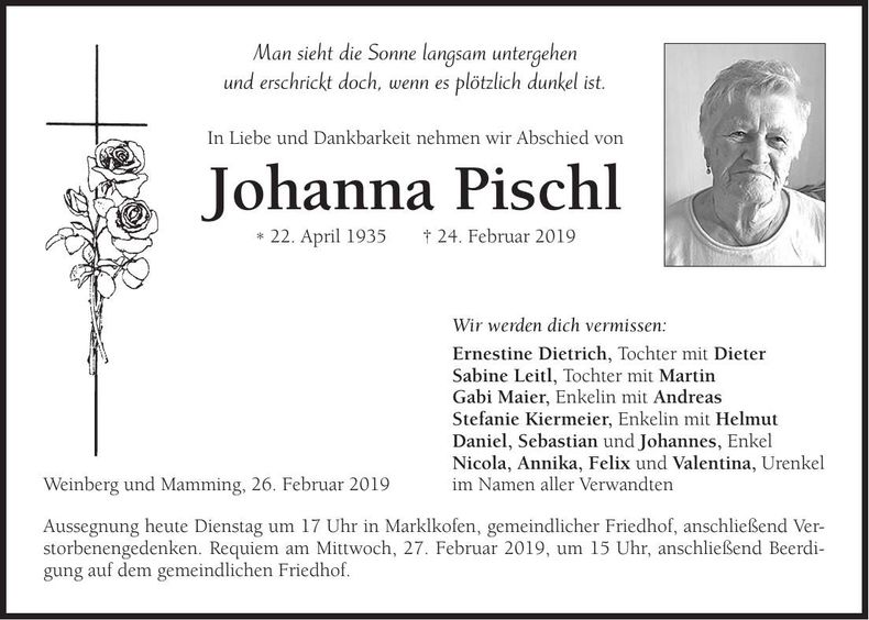 Traueranzeige Johanna Pischl