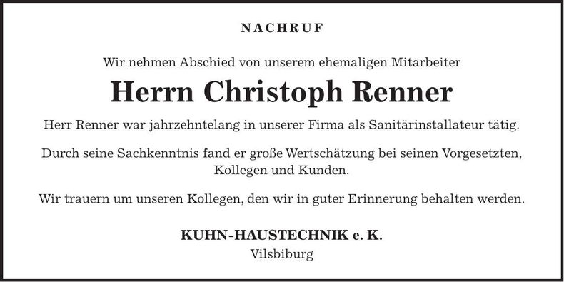 Traueranzeige Christoph Renner