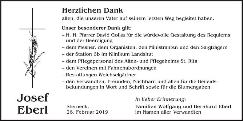 Traueranzeige Josef Eberl