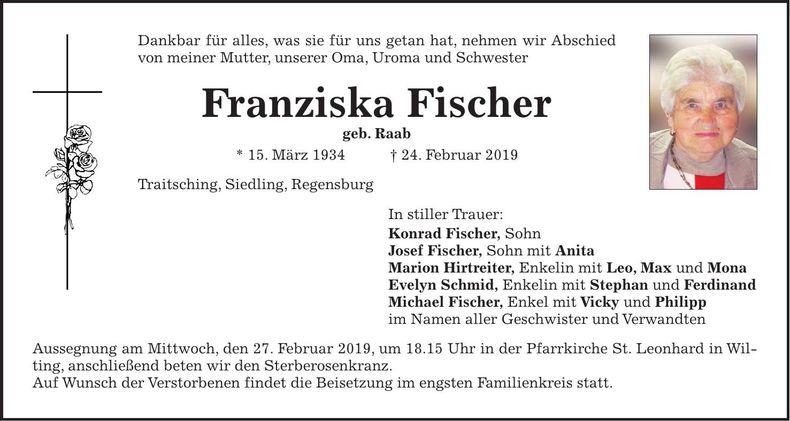 Traueranzeige Franziska Fischer