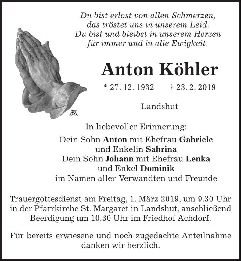 Traueranzeige Anton Köhler