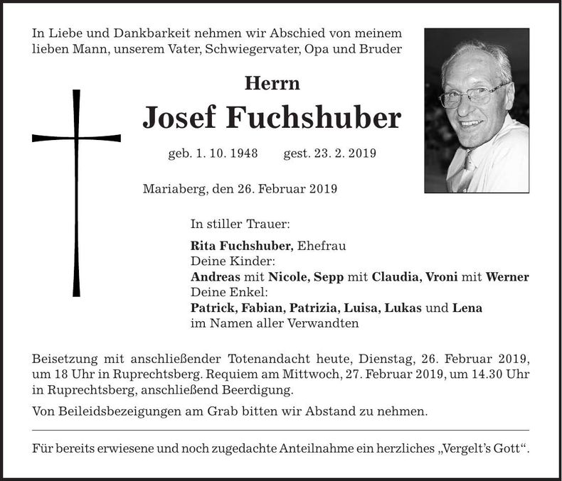 Traueranzeige Josef Fuchshuber