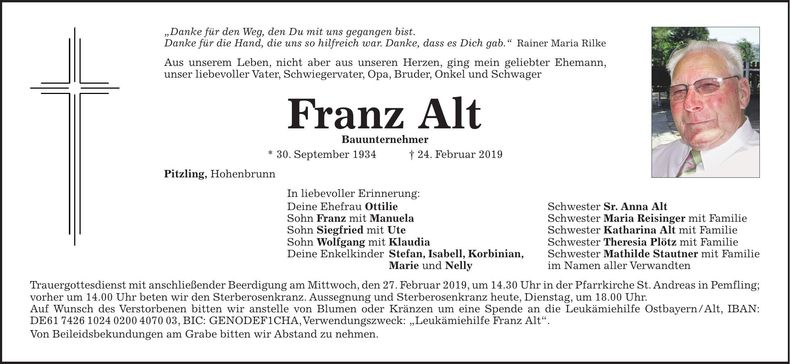 Traueranzeige Franz Alt