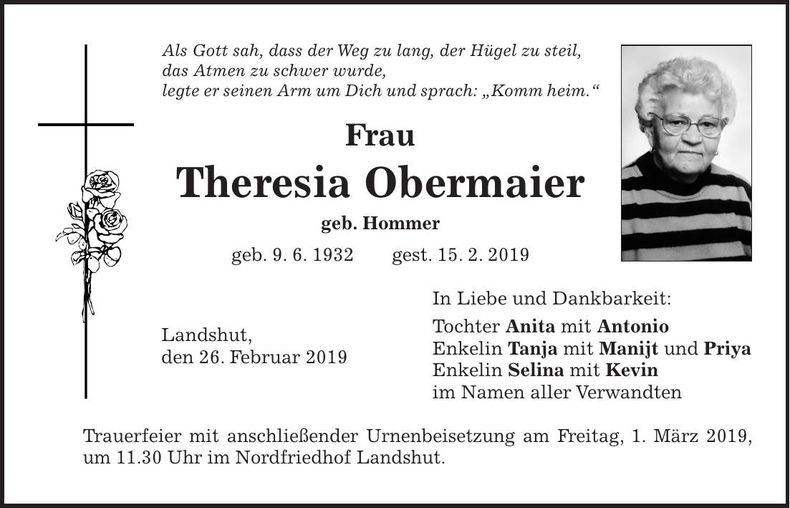 Traueranzeige Theresia Obermaier