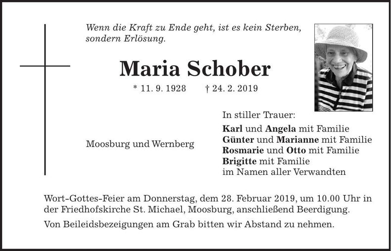 Traueranzeige Maria Schober