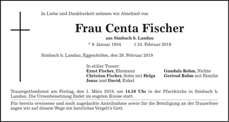 Traueranzeige Centa Fischer