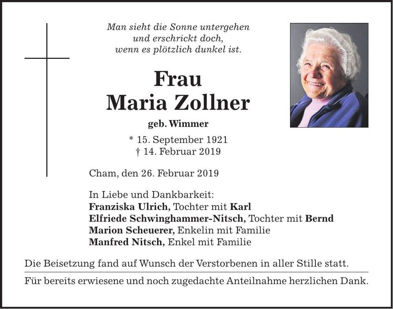 Traueranzeige Maria Zollner