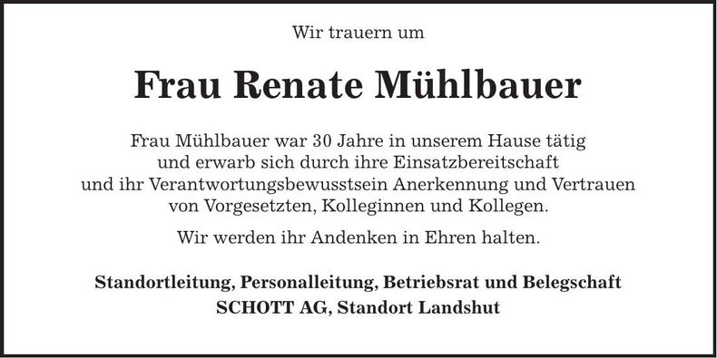 Traueranzeige Renate Mühlbauer