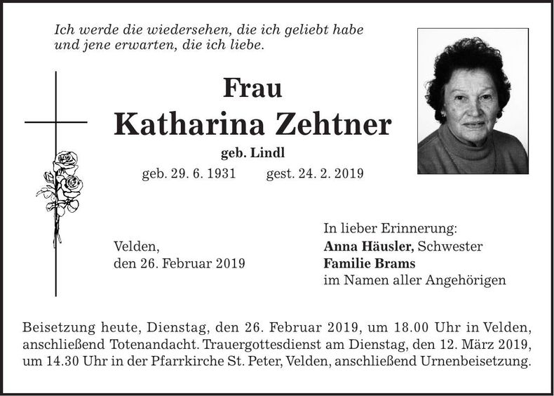 Traueranzeige Katharina Zehtner