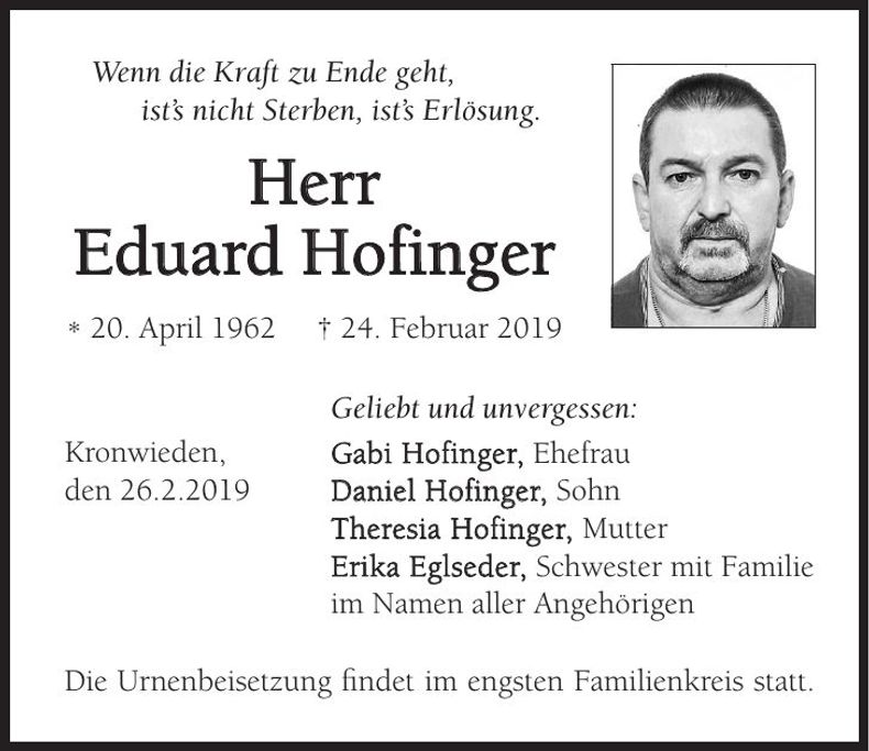 Traueranzeige Eduard Hofinger
