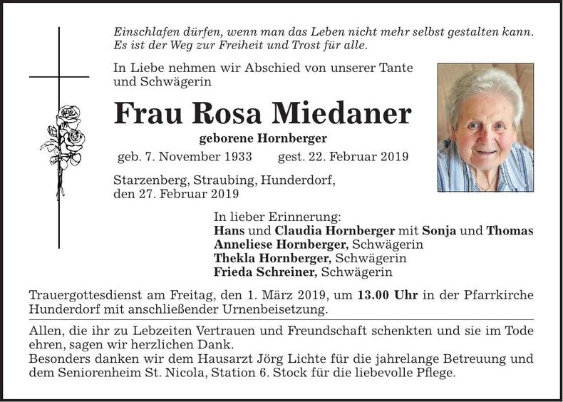 Traueranzeige Rosa Miedaner