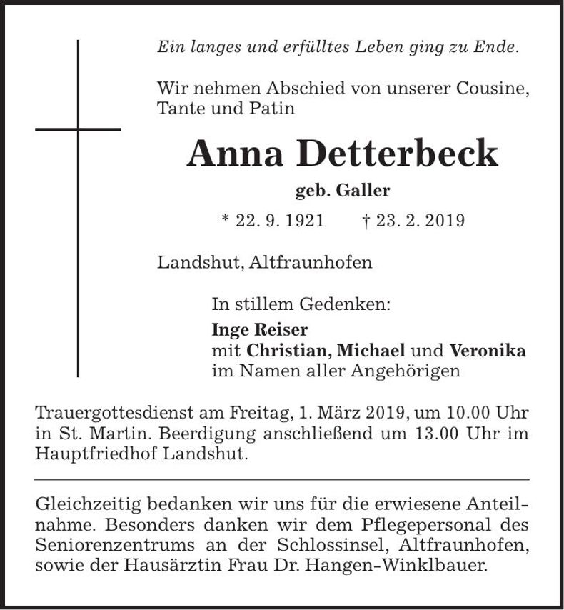 Traueranzeige Anna Detterbeck