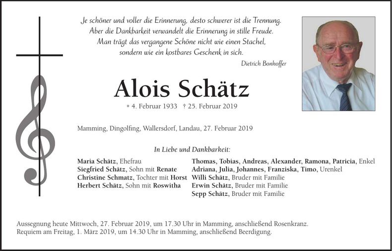 Traueranzeige Alois Schätz
