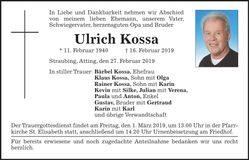 Traueranzeige Ulrich Kossa