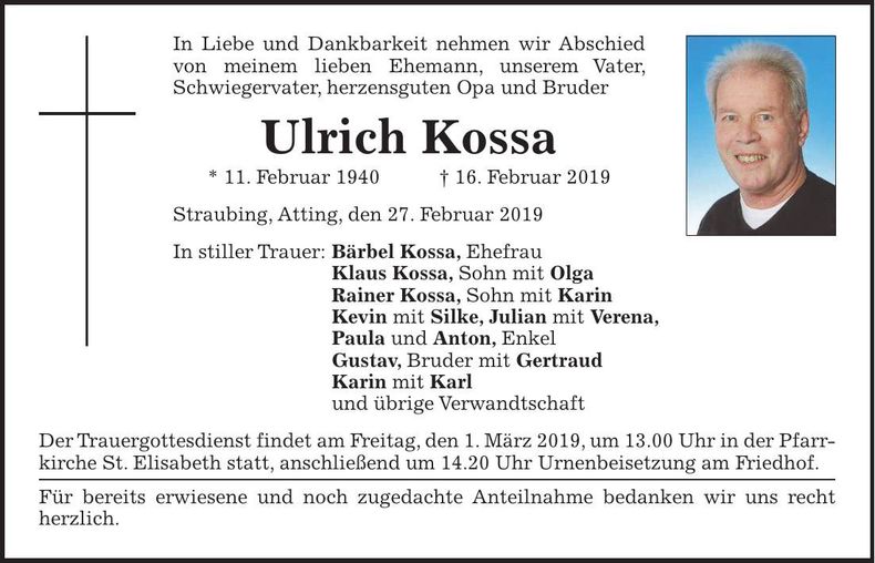 Traueranzeige Ulrich Kossa