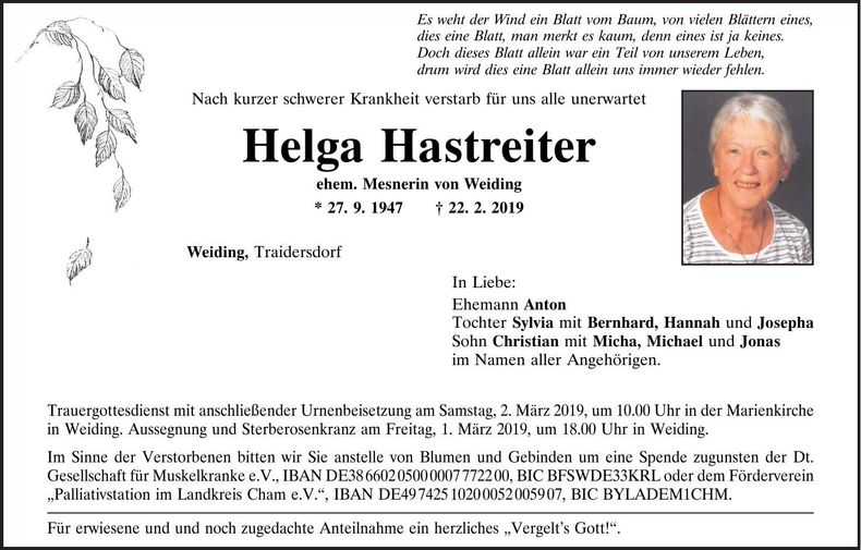 Traueranzeige Helga Hastreiter