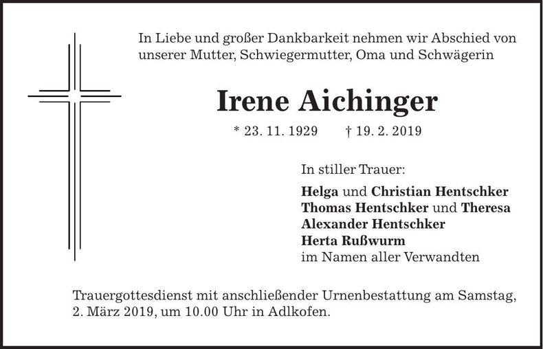 Traueranzeige Irene Aichinger