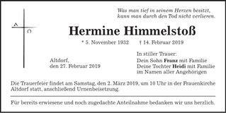 Traueranzeige Hermine Himmelstoß
