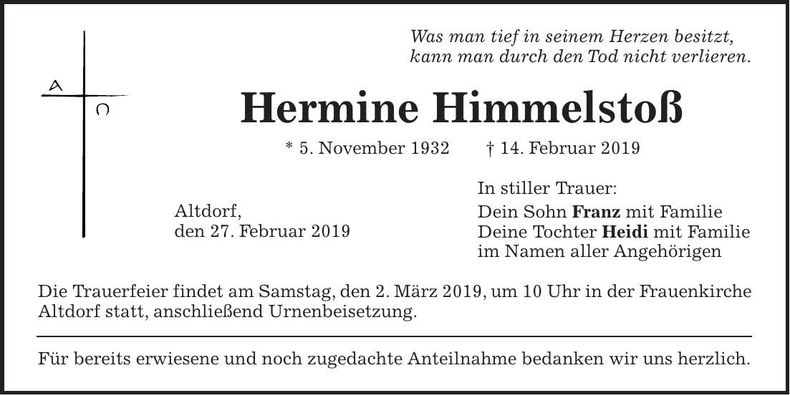 Traueranzeige Hermine Himmelstoß