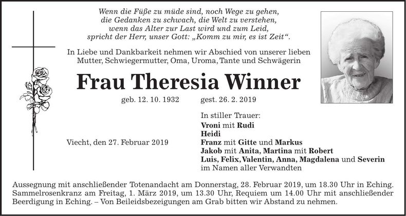 Traueranzeige Theresia Winner