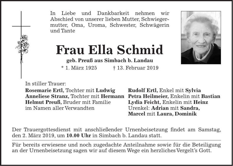 Traueranzeige Ella Schmid