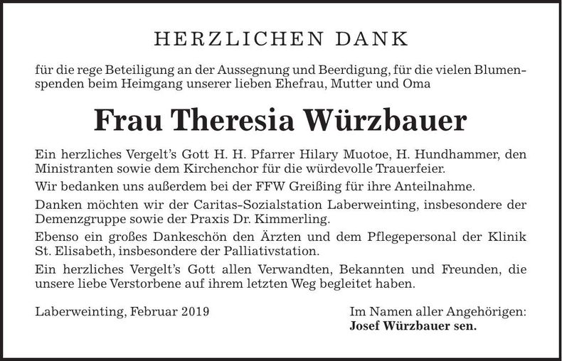 Traueranzeige Theresia Würzbauer