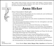 Traueranzeige Anna Hicker