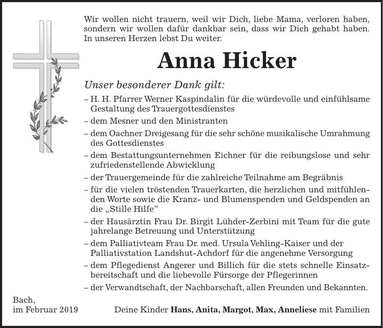 Traueranzeige Anna Hicker