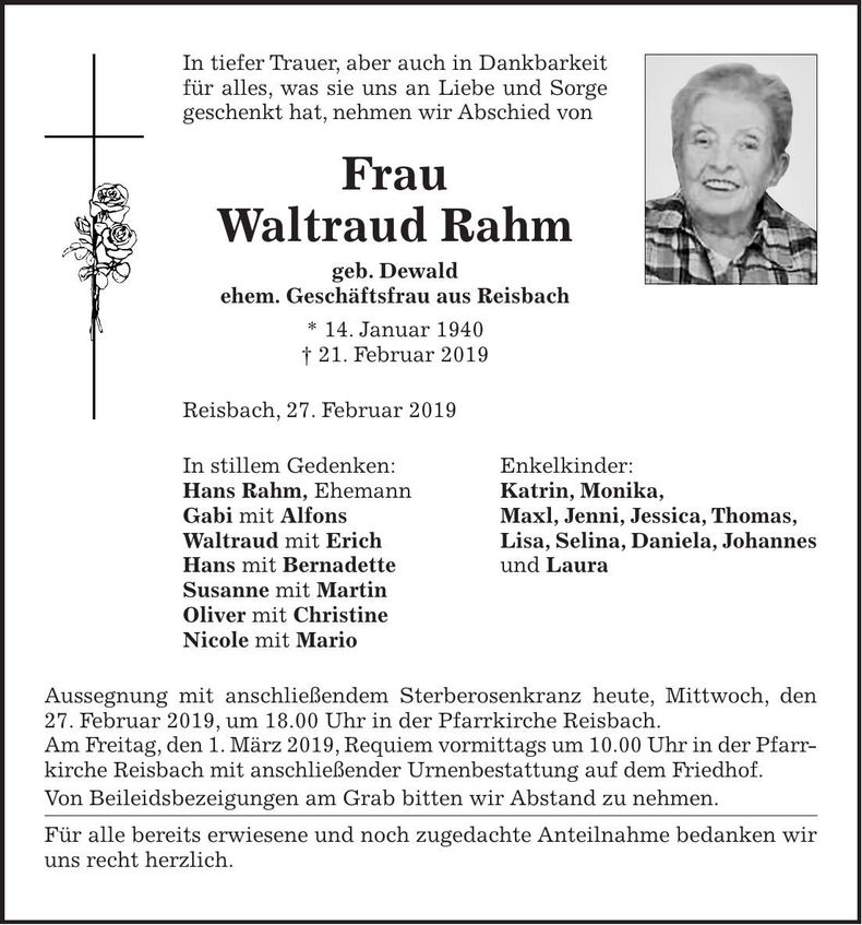 Traueranzeige Waltraud Rahm