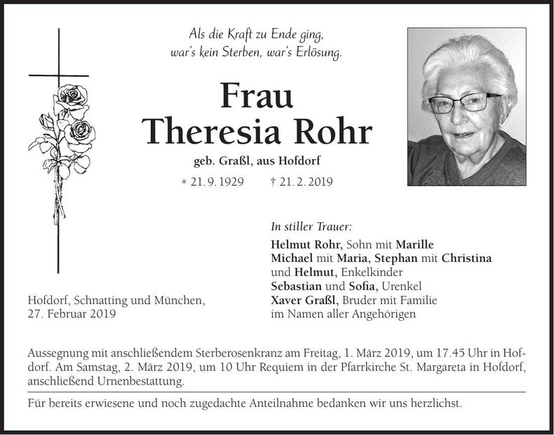 Traueranzeige Theresia Rohr
