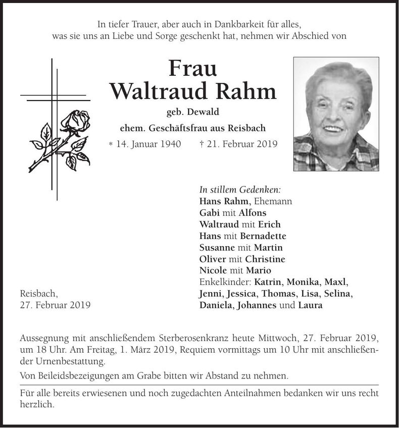 Traueranzeige Waltraud Rahm